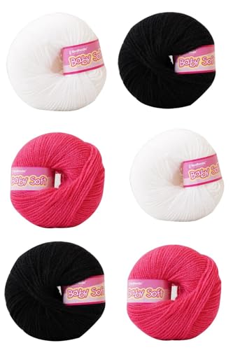 Image of Vardhman BabySoft Knitting Yarn | 100% Acrylic Wool | 4 Ply | Thin Knitting & Crocheting Hook Thread & Lightweight | Special Baby Wool | 150 Grams (6 Balls of 25g) | Machine Washable | Ideal for Blankets, Hats, Booties Ultra-Soft for Baby Sweaters, Blankets, Caps, Socks, Soft toys, Art & craft (Black 21 + White 18 + Dusky Pink 75)