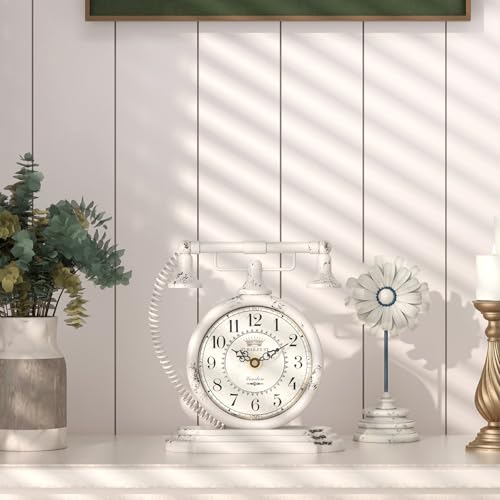 ChimeTide Vintage Table Clock, Desk and Shelf Decor Clock, White Antique Telephone Style Mantel Clocks, for Living Room, Farmhouse, Bedroom, Bedside, Gift (7.3