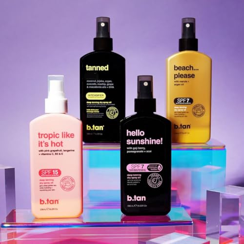 btan best tanning oil  get tanned intensifier dry spray - fast dark outdoor sun tan from tan accelerating actives packed with moisturizing oils no spf austrailian brand 8 fl oz
