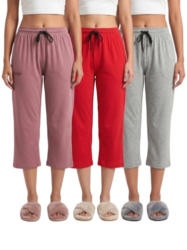 Image of Fflirtygo Women's Cotton Plain Calf Length Capri | Nightwear Pajama | 3 /4th Solid Pyjama Pant | Black Navy and Lavender Lounge Pants | Casual wear & Lounge Wear Capri Combo (Pack of 3)