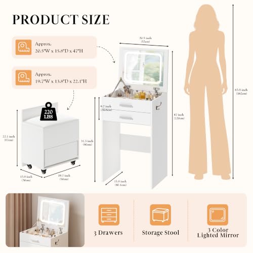 SELOOYE Small Vanity Desk with Lighted Flip-Top Mirror and Stool(White)