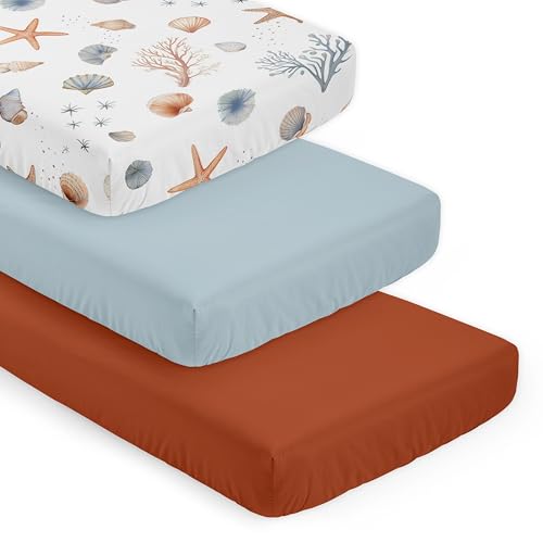 Image of Sweet Jojo Designs 3-Piece Baby Crib Sheets Set (Ocean Seashells) for Girls /Boys, Infant Nursery, Toddler Room - Fitted, Standard Size (Solid Blue and Rust Orange & Nautical, Beach Theme, Watercolor)