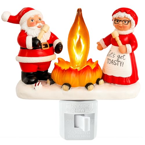 Abscalar Santa Claus & Mrs. Claus Christmas Campfire Flickering NightLight Cute Swivel Plug-in Figurine Lamp for Holiday Decor Indoor. Campfire Night Light with Flicker Bulb Figurine Light