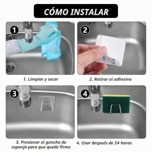 Miniatura 4 de Welhaepi Porta Esponjas Autoadhesivo, Soporte Para Estropajos, Ganchos Para Estropajos De Acero Inoxidable, Soporte Organización De Esponja Fregadero Para Esponja Cocina Baño