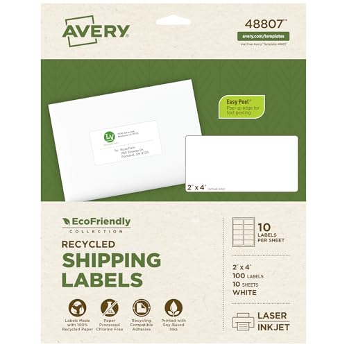 Image of Avery EcoFriendly Recycled Shipping Labels, 2 inch x 4 inch, Matte White, Permanent Adhesive, Laser & Inkjet Printers, 100 Total, Great for Shipping and Mailing, Product Merchandising, and More (48807)