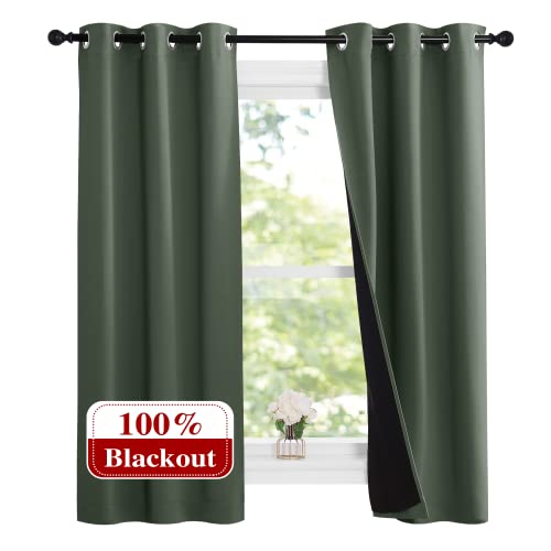 NICETOWN Dark Mallard 100% Blackout Lined Curtains, 2 Thick Layers Narrow Wide Window Treatment Panels Thermal Insulated Drapes for Kitchen Small Wind