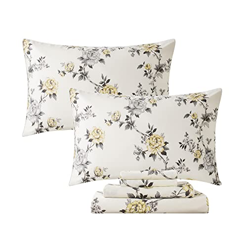 Image of FADFAY Floral Sheets Set Cal King Vintage Rose Floral Bedding Shabby Grey and Yellow Peony Sheets 800 Thread Count 100% Egyptian Cotton Super Soft Deep Pocket Fitted Sheet 4Pcs, California King Size