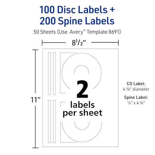 Image of Avery Printable CD Labels, Matte White, Permanent Adhesive, Inkjet Printer Compatible, 100 Disc & 200 Spine Labels, Ideal for CDs, DVDs, PC Discs, Media Projects (8691) (Pack of 5)