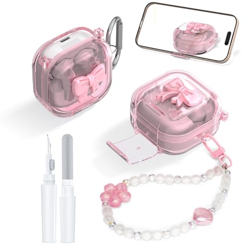 [���S�ȃ��b�N] 3D�{�E�t���N���ATPU�P�[�X Samsung Galaxy Buds 4 Pro/Buds 4 (2026)�Ή� �ϏՌ��v���e�N�^�[�P�[�X�J�o�[ �d�b�X�^���h�A�J���r�i�A�L�[�`�F�[���A�N���[�j���O�L�b�g�t�� (�N���A�s���N)