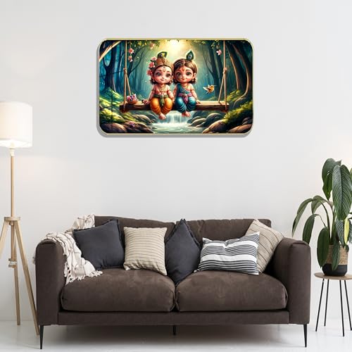 Image of Masstone Radha Krishna Crystal Embedded High Gloss Wall Painting, Golden Slim Frame, 45x30 Cm Wall Art for Living Room, Bedroom, Office & Home Decor (HG05)