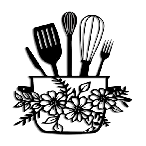 DUOOLN Metal Kitchen Signs Wall Decor Modern Kitchenware Line Art Rustic Home Hanging Pictures Country Farmhouse Sign For Mardi Gras Easter Dining Room - Black