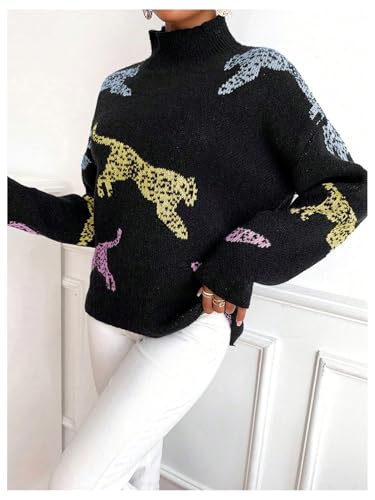 Image of WDIRARA Women's Leopard Tiger Print Sweater High Neck Long Sleeve Fuzzy Knitted Pullover Top