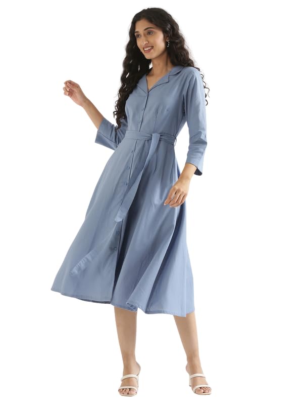 Image of SAADAA Women Cotton-Linen Blend Flared Dress | Midi Dress with 3 /4 Sleeves, Adjustable Waist Belt & Pockets | Below Knee Casual Dress for Office, Travel & Everyday Wear