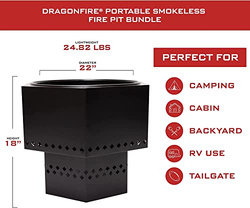 Smokeless Firepit Portable Matte Black Fire Pit Bundle For Pellets Or Wood Logs, 22 Inch. Includes Black Bonfire Stove, Ash Base Stand, And Zippered Carry Case, By Dragonfire #TOP2
