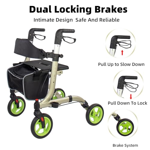 Rollator Walkers for Seniors- Rollator Walker with Cup Holder- Easy Folding Senior Walker with Backrest- Lightweight Mobility Walking Aid for Adult Elderly, Aluminum Frame, Champagne - Thumbnail 5