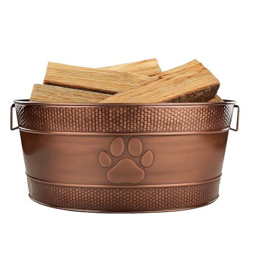 BREKX 25-Quart Tub for Firewood Storage Rack Log Holder - Heavy-Duty Portable Galvanized Tub with Handles for Indoor/Outdoor (Bronze Paw)