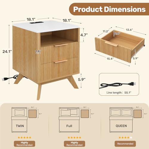 Image of Nebuaegis Nightstand,Side Table with Charging Station,Bedside Tables with Drawer,Mid-Century End Tables Set (1-Piece),Natural Oak