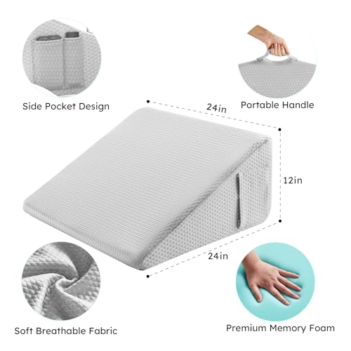 Image of Bedluxe Wedge Pillow, 12 inch Bed Wedge Pillow for Headboard, Pillow Wedge for Acid Reflux Relief, Sleeping, After Surgery, Snoring, Gerd, Triangle Pillow Wedge - Cooling Memory Foam Top, Light Grey