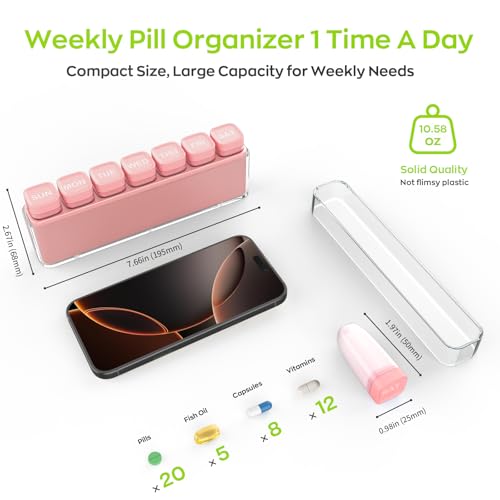 Image of Weekly Pill Organizer 1 Time a Day, HIONXMGA Portable Detachable Travel Pill Box 7 Day, Large Once Daily Pill Holder Case, Color-Coded Dispenser for Vitamin Medicine Supplement Fish Oil, Pink