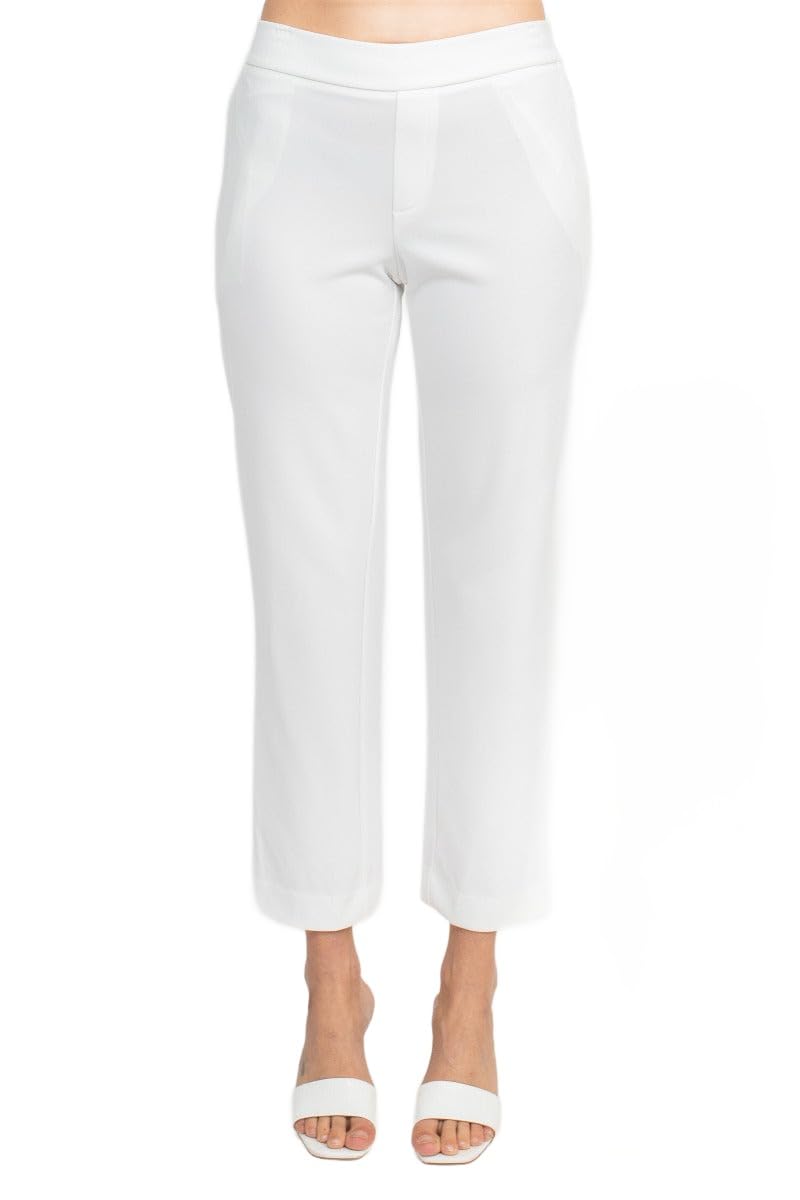 TAHARI T Mid Waist Pull On Ankle Slim Fit Crepe Pant with Pockets White