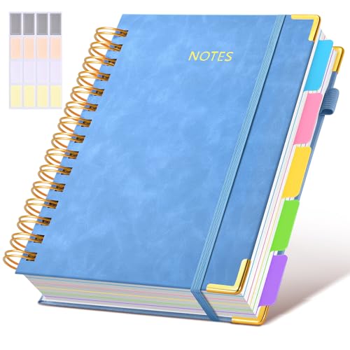 Hardcover Spiral Notebook journal with Removable Dividers Tabs, 300 Pages Leather 5 Subject Notebook College Ruled, 100GMS Notebooks for Work School Note taking,Lined Journal for Women,A5 Light Blue