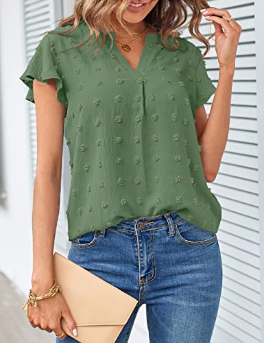 Merokeety Women Casual V Neck Flutter Short Sleeve Blouse Swiss Dot Loose Tunic Shirt Top Green Medium #TOP1