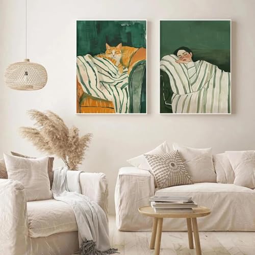 Impression toile femme et chat affiche murale abstraite verte pour salon moderne