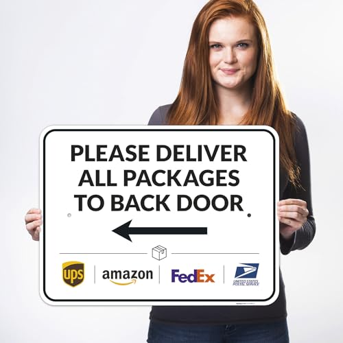 Image of Package Delivery Sign, Delivery Instructions Deliver All Package to Back Door Left Arrow Sign, 18x24 Inches, Rust Free .063 Aluminum, Fade Resistant, Made in USA by Sigo Signs