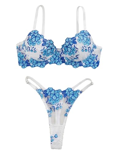 Image of Sexy Floral Embroidered Flower Mesh Underwire Push Up Lingerie Set