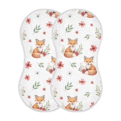 2 Pack Muslin Burp Cloths Floral Fox White Cotton Baby Burp Cloths Ultra Absorbent and Soft Spit Up Rags for Newborn Babies, Large 22
