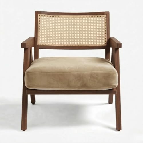 Image of Kingsman Furnitures ABEL Rattan Teak Wood Accent Arm Chair for Home Bedroom, Living, Dining, Drawing Room | Ultra Soft and Comfortable for Stress Free | Removable Cushion (KF-Walnut-Beige-Velvet)