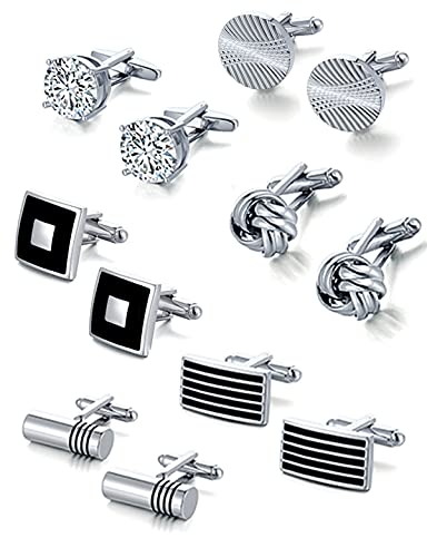 Ofeiyaa 6 Pairs Cufflinks Classic Striped Square Disc Spherical Knot CZ Rectangle Cylindrical Shirt Studs Set for Men Wedding Business Father\'s Gifts