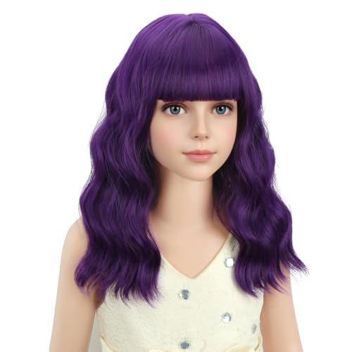 Image of PATTNIUM Child Dark Purple Wig Kids Purple Wig with Bangs Short Wavy Curly Girls Synthetic Cosplay Halloween Party Costume Hair Wigs