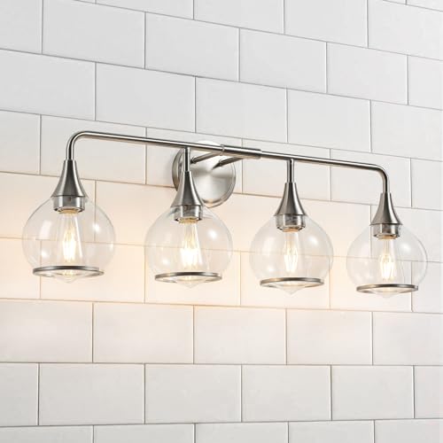 Image of Brushed Nickel Bathroom Light Fixture 4 Lights Bathroom Vanity Lights Over Mirrors with Clear Glass Shade 30.7 inch Wall Sconce Lighting Bath(Exclude E26 Bulb)