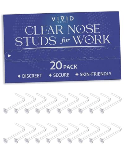 Vivid Works Clear Nose Studs for Work 20 Pack 18 Gauge - Clear Nose Rings 1mm - Invisible Flat Stud Plastic Piercing Retainer Cover for Surgery - Piercing Jewelry for Women and Men
