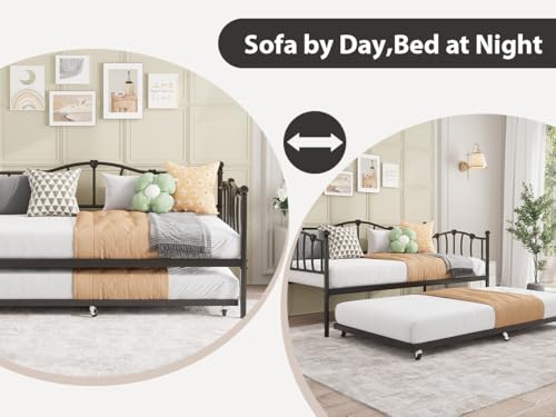 Image of GarveeHome Twin Daybed with Trundle, Metal Sofa Bed Frame with Steel Slat Support, Twin Size Space-Saving Furniture for Living Room, Bedroom, Love Heart Design, No Box Spring Needed, Black | With Steel Slat Support, Twin Size Space-Saving Furniture for Living Room, Bedroom, Love Heart Design, No Box Spring Needed