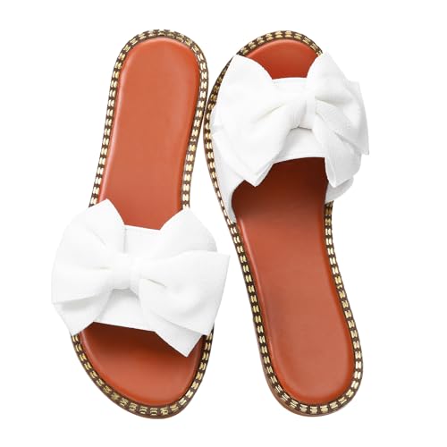Cuffbow Women's Bow Knot Slides Cute Dressy Open Toe Flat Sandals 2026 Summer Beach Vacation Slip On Slippers(White,5.5)