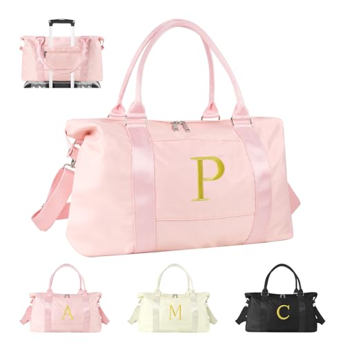 Personalized Initial Gym Dance Bag, Travel Duffel Bag for Teen Girls, Carry On Bag Overnight Weekender Bag with Trolley Sleeve, Birthday Gifts for Women Mom Daughter Graduation Gift(Letter P, Pink)