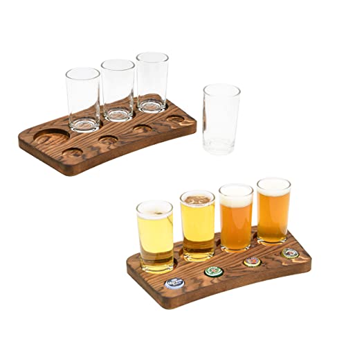 Owlgift Craft Beer Tasting Flight Rack, Glass Carriers & Bottle Cap Holder, Solid Brown Wood Beer Sampler Serving Tray – Set Of 2 #TOP2