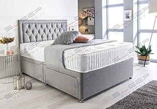 Sleep Factory's Grey Suede Chesterfield Divan Bed Set & Memory Foam Mattress 3FT Single 4FT6 Double 5FT King (4.6FT (Double), No Drawers)