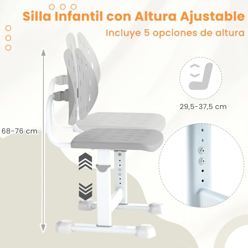 COSTWAY Silla Escritorio Infantil, Silla Juvenil para Escritorio con 5 Altura Ajustables, Doble Respaldo y Asiento Transpirable, Estructura Metálica, Asiento de Ordenador para Niños de 3+ Años (Gris) - imagen 4
