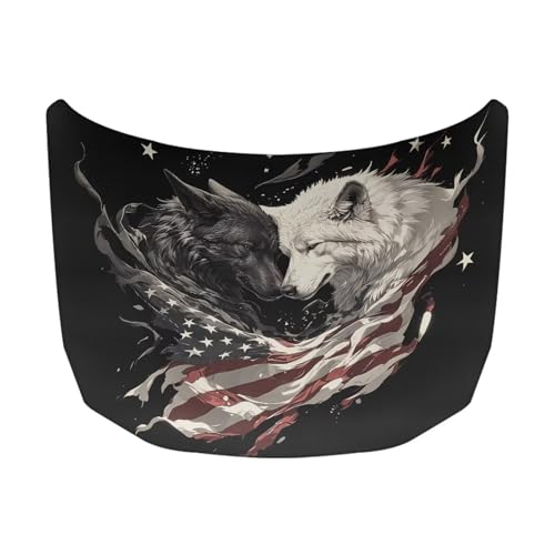 Image of Cool Wolf American Flag Car Hood Cover Protector 59x39 Inch Auto Hood Wrap Blankets Stretchable Waterproof Sun Proof Auto Patriotic Decorations for Sedans SUV Trucks