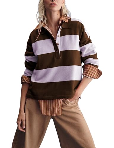 Omoone Cute Striped Polo Sweater Women Fall Lapel V Neck Colorblock Knit Tops Winter Long Sleeve Pullover Jumper