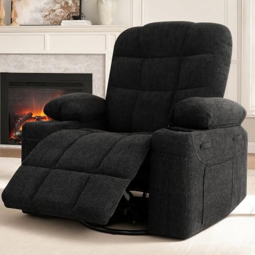 Image of Swivel Rocker Recliner Chair,Recliner Single Sofa with Cup Holders, Manual Nursery Rocking Chair with Side Pockets, Modern Upholstered Recliner for Living Room,Apartment,Home Theater(Black)