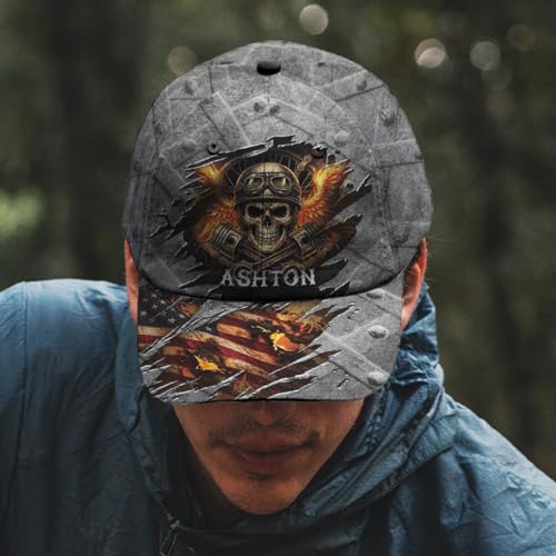 Image of Skull Baseball Cap for Men, Grim Reaper Death Crack Old Metal with Flag, Men's Hat, Adjustable Motorcycle Soft Caps