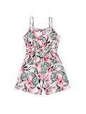 PATPAT Girls Rompers Size 7-8, Tropical Floral Print, Jumpsuit For Girls 7 8, Backless Wide Leg Sleeveless Hawaiian Rompers With Pockets, Spaghetti Strap Jumpsuits With Belt, Kids Summer Outfits