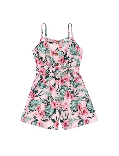 PATPAT Girls Rompers Size 7-8, Tropical Floral Print, Jumpsuit For Girls 7 8, Backless Wide Leg Sleeveless Hawaiian Rompers With Pockets, Spaghetti Strap Jumpsuits With Belt, Kids Summer Outfits