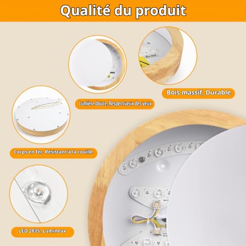 Dehobo Plafonnier LED Bois Naturel Design Nordique ∅30cm, Blanc Chaud – vue 2