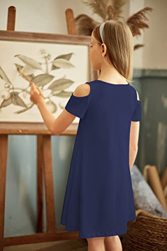 Arshiner Girls Summer Dresses Short Sleeve Cold Shoulder Sundress Casual A Line Outfits Dresses Navy Blue 6-7 Years #TOP3