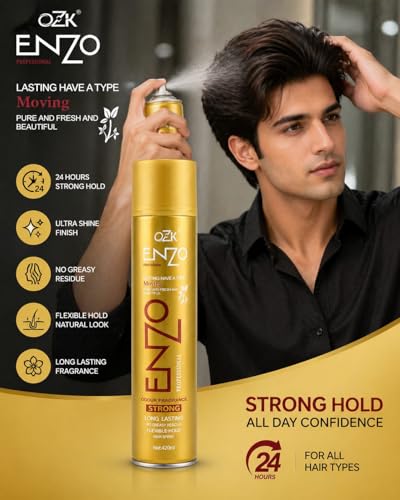 Image of ENZO OZK Ultra Shine Hair Spray for Men & Women | 24 Hours Strong Hold | Long Lasting, Non-Greasy, Flexible Styling | Odour Fragrance Hair Spray 420ml